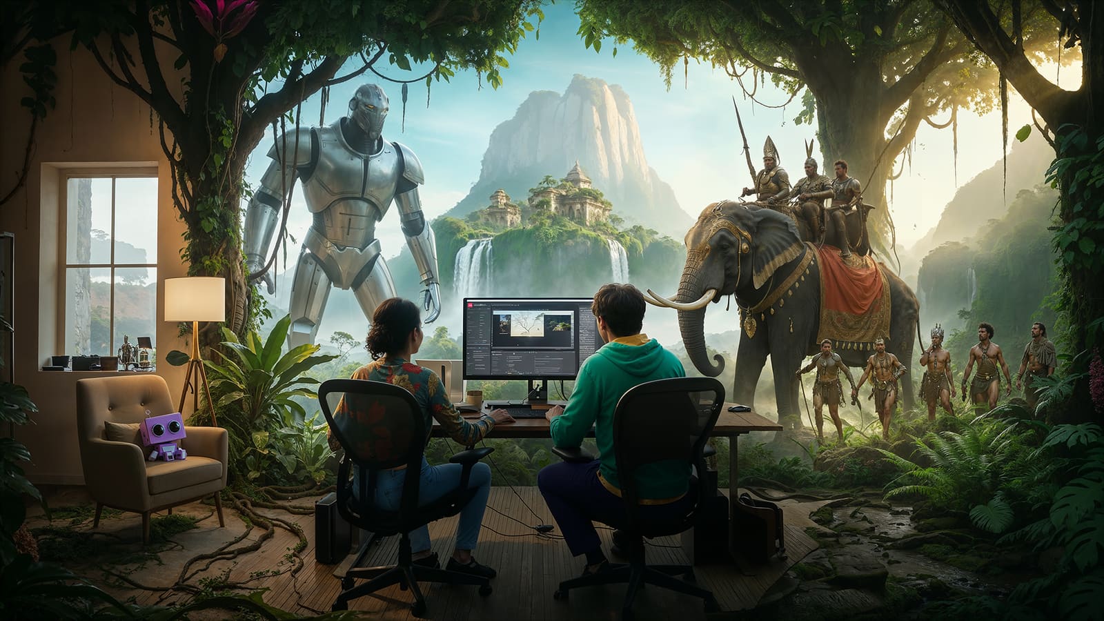 Two artists at a desk while the world they are building erupts around them: a chrome giant, an elephant in ceremonial dress, waterfalls and jungle.